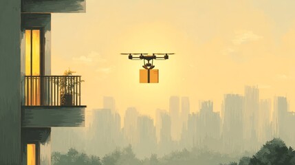 Drone delivery in urban setting at sunset for modern logistics concept