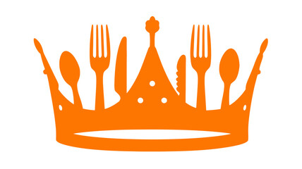 Orange graphic crown icon crafted from elegant dining cutlery, symbolizing gourmet food, premium restaurant, culinary excellence, and royal cuisine.