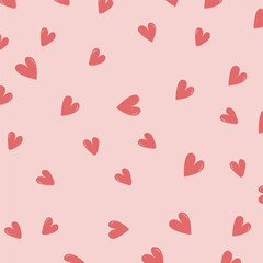 Pattern with hearts, small red hearts on a pink background, cute simple design for scrapbooking wallpaper textile craft paper. vector illustration.