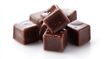 Isolated cubes from a milk chocolate bar on a clean white background.