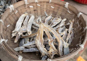 Traditional Dried Fish in a Woven Basket
