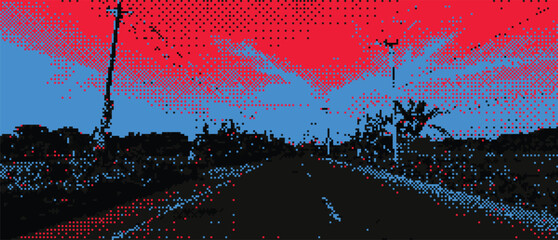 A vibrant road stretches into the distance under a surreal red and blue sky