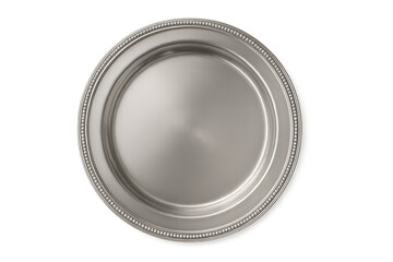 Empty silver metal plate with beaded rim