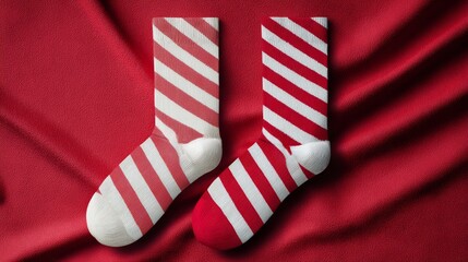 Obraz premium Christmas socks mockup flat lay. Striped candy cane design. Cozy cotton blend. Holiday hosiery