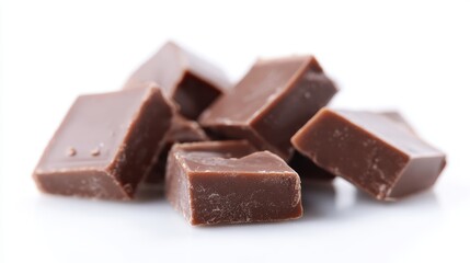 White background: individual pieces of delicious milk chocolate, isolated.