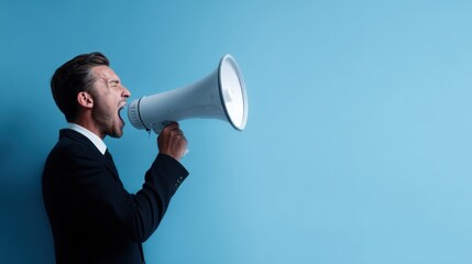 Focussed businessman with megaphone, shouting, energetic, communication concept, bright background