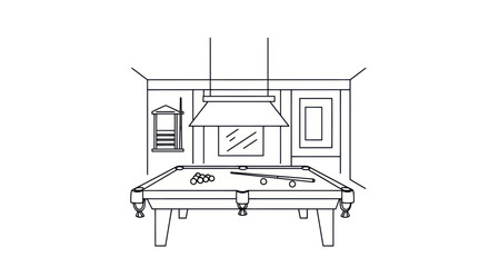 A black and white line drawing of a classic billiards room with a pool table and hanging lamp.