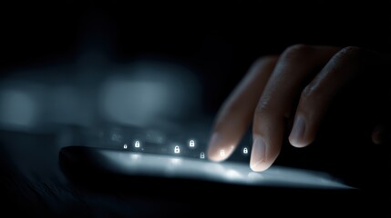 Hands typing on phone, cyber defense, glowing security icons, hacker prevention
