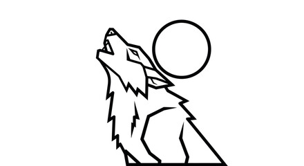 Stylized Black and White Wolf Howling at Moon Line Art Illustration.