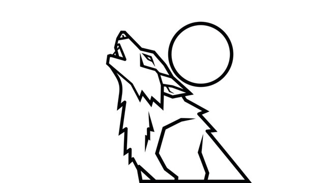 Stylized Black and White Wolf Howling at Moon Line Art Illustration.