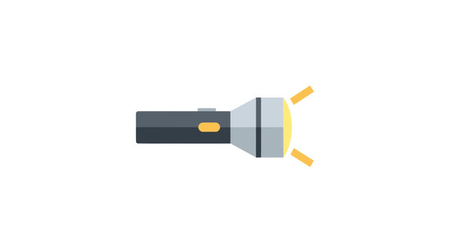 Cartoon-style dark grey flashlight with yellow button and light beams.