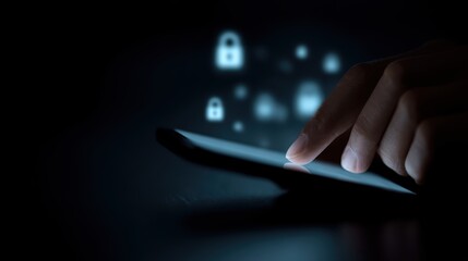 Hands typing on phone, cyber defense, glowing security icons, hacker prevention