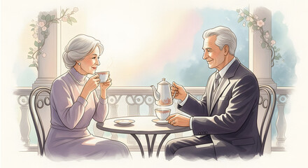 Afternoon tea. Elegant senior couple enjoying a peaceful moment on the balcony