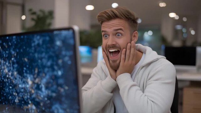 User reacting with shock while a computer displays a virus notification on screen, symbolizing cybersecurity threat awareness, digital protection, malware detection, and urgent IT response.