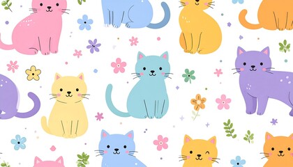 Obraz premium Cute cartoon cats and flowers pattern