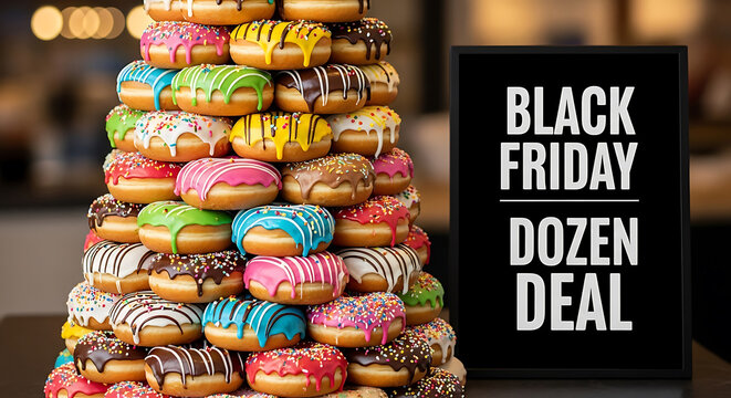 Tower of colorful donuts with black friday dozen deal sign