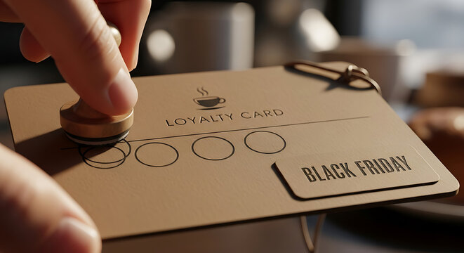 Hand stamping loyalty card for black friday coffee shop promotion - Powered by Adobe