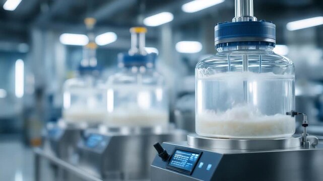 Fermenters grow cultures in a biotechnology facility, with agitators stirring, pH probes monitoring, gas lines bubbling, and harvest ports ready, captured in a bubbling photo with bubble trails,