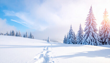 Obraz premium Snowy forest landscape with bright sunlight and blue sky.