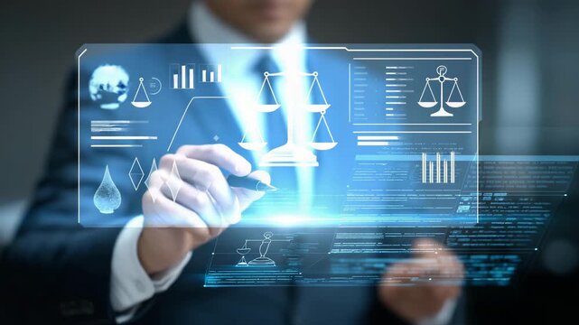 Lawyer reviewing contracts with virtual legal assistant on holographic display, symbolizing AI document analysis, legal automation, and professional productivity enhancement. cinematic color