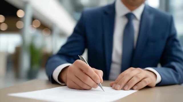 Legal consultant stamping approval on formal agreement in modern law office, expression confident and composed, symbolizing contractual validation, regulatory compliance, and emotional satisfaction