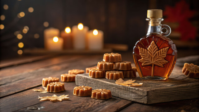 Maple syrup bottle autumn rustic wood candy leaf cozy glow