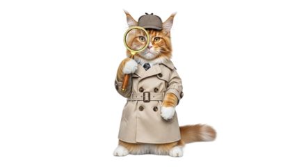 Maine Coon cat detective in trench coat and deerstalker hat holding magnifying glass, curious, isolated on transparent background