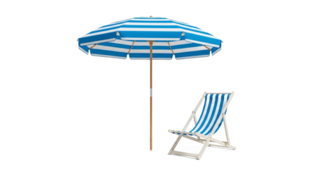 Blue and white striped beach umbrella with wooden pole and matching deck chair, isolated on transparent background