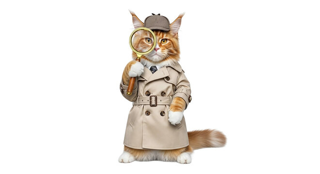 Maine Coon cat detective in trench coat and deerstalker hat holding magnifying glass, curious, isolated on transparent background