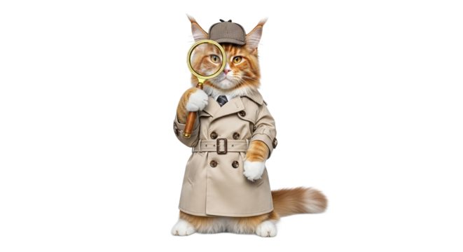 Maine Coon cat detective in trench coat and deerstalker hat holding magnifying glass, curious, isolated on transparent background