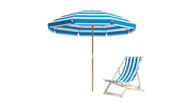 Blue and white striped beach umbrella with wooden pole and matching deck chair, isolated on transparent background
