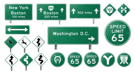 Collection of various green road signs including directional, warning, and speed limit signs, isolated on transparent background