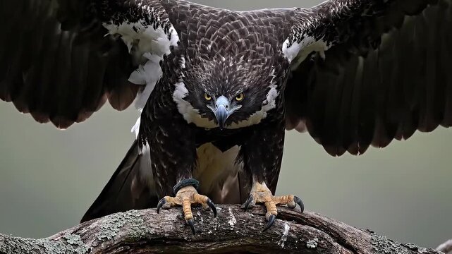 Majestic eagle with wings spread perched on a branch with intense eyes