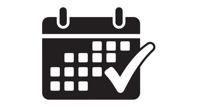 Black calendar icon with a green checkmark, isolated on transparent background