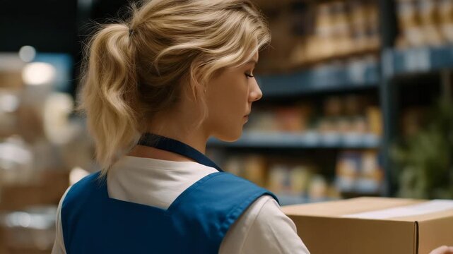 Retail supermarket worker&rsquo;s back view restocks grocery store shelves with soups, ensuring consumer choice during grocery shopping. Cardboard box nearby, paper label on can, store aisle squeaks.