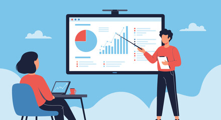 Professional businesswoman presenting data charts on large screen to a seated colleague.