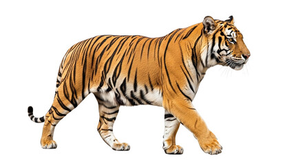 Obraz premium Tiger walking, orange and black striped, isolated on transparent background