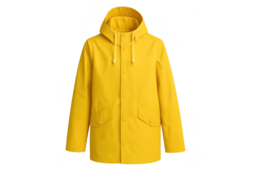 Yellow hooded raincoat displaying waterproof outerwear feature