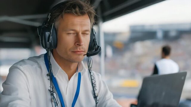 A pit crew analyzes data in a mobile command center with laptops displaying tire wear graphs, headsets buzzing with driver feedback, coffee cups cooling, and a track visible through a window,