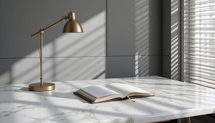 Fototapeta premium Open Book on White Marble Desk Luxury Office with Gold Lamp and Blinds