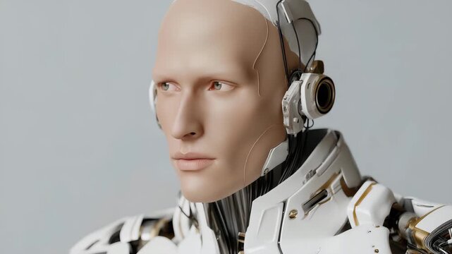 Hyperreal android with synthetic skin and expressive human-like eyes, symbolizing emotional artificial intelligence, robotics advancement, and seamless integration of machines into human