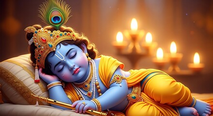 Sleeping Baby Krishna with Peacock Feather and Flute