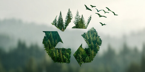A vibrant green circular emblem of sustainability crafted from lush foliage with silhouettes of birds in flight forming a natural motif for ecological awareness and environmental conservation