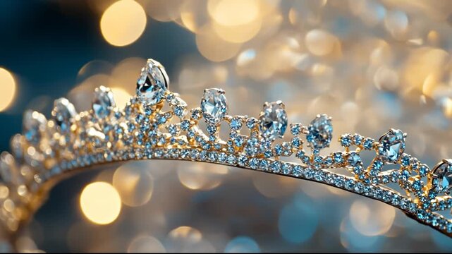 Close-up of a sparkling tiara surrounded by a dreamy bokeh background.