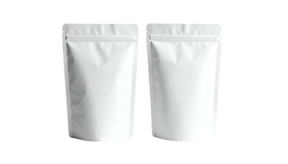 Two white, sealed pouches stand upright, showcasing packaging for possible food or product items