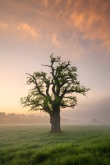 Obraz premium Oak Tree in Misty Field at Dawn