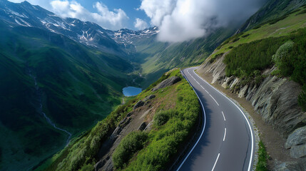 Aerial view of curved alpine road surrounded by green meadows and snow patches, defocused edges creating cinematic depth, with copy space.