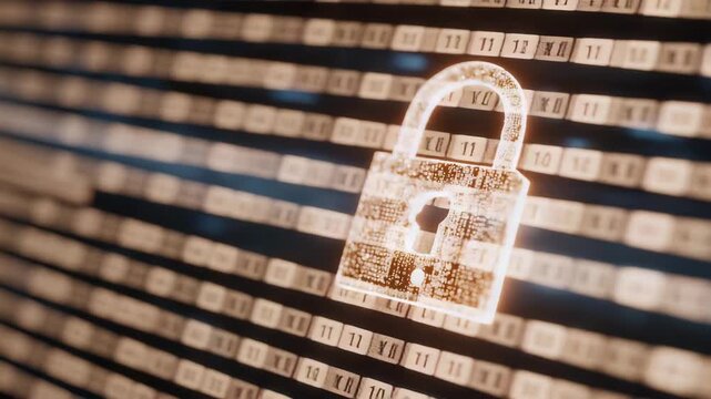 Mysterious glowing lock hovering in a dark void surrounded by binary code, evoking cyber mystery, digital security, encrypted secrets, and the unknown layers of online protection. cinematic color