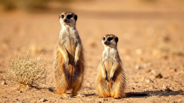 Two alert meerkats standing upright in the dry desert landscape under bright sunlight