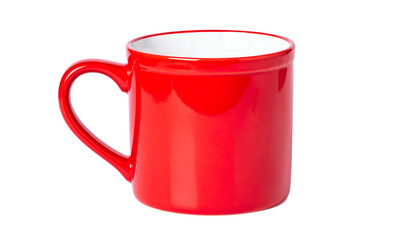 A vibrant red ceramic mug with a white interior sits against a black background